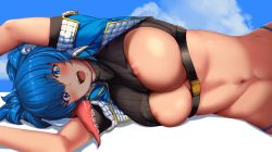 Rule 34 | 1girl, areola slip, arms up, black sweater, blue eyes, blue hair, blue jacket, blue sky, blush, borrowed character, breast cutout, breasts, cloud, collared jacket, covered erect nipples, cropped jacket, day, jacket, large breasts, looking at viewer, lying, midriff, monster girl, navel, nyame (kokoankou), on side, open mouth, original, outdoors, pekoneko, ribbed sweater, scylla, shadow, short sleeves, sky, solo, stomach, sweater, teeth, tentacles, turtleneck, turtleneck sweater, two side up, underboob, upper body, upper teeth only