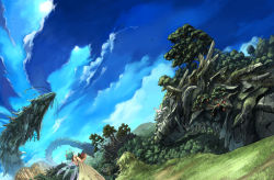 Rule 34 | 1girl, cloud, day, dragon, dress, fairy, fantasy, grass, green hair, mountain, nature, original, outdoors, pointy ears, ponzu (catponz), rock, scenery, sky, tree