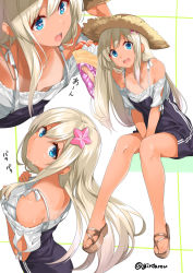 Rule 34 | 10s, 1girl, adapted costume, bare legs, between legs, blue dress, blue eyes, crepe, downblouse, dress, food, gintarou (kurousagi108), hair between eyes, hat, heart, heart-shaped pupils, kantai collection, leaning forward, long hair, looking at viewer, multiple views, no bra, one-piece tan, open mouth, ro-500 (kancolle), simple background, sitting, smile, starfish, sun hat, sweat, swimsuit, symbol-shaped pupils, tan, tanline, twitter username, v arms, white hair