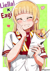 Rule 34 | 1girl, absurdres, blonde hair, blunt bangs, blush, border, closed eyes, closed mouth, commentary request, cream, cream on face, crepe, facing viewer, food, food on face, furrowed brow, green background, group name, hand on own cheek, hand on own face, heanna sumire, heart, highres, holding, holding food, ice cream crepe, long hair, love live!, love live! superstar!!, nippon professional baseball, outside border, pakudehon, red scarf, scarf, shirt, short sleeves, sidelocks, solo, sparkle, standing, touhoku rakuten golden eagles, twitter username, upper body, white border, white shirt