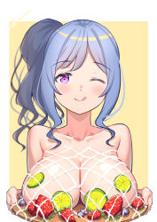 Rule 34 | 1girl, absurdres, azur lane, blue hair, blueberry, blush, breast rest, breasts, breasts on tray, cleavage, closed mouth, collarbone, dot nose, food, food on body, food on breasts, fruit, hands up, highres, holding, large breasts, lime (fruit), lime slice, looking at viewer, naughty face, one eye closed, purple eyes, side ponytail, smile, solo, st. louis (azur lane), strawberry, tongue, tongue out, topless, upper body, wavy hair, xiaoxi0619