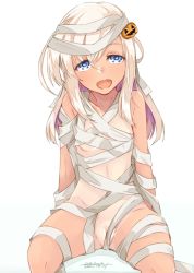 Rule 34 | 1girl, alakoala, artist name, bad id, bad twitter id, bandages, blonde hair, blue eyes, blush, breasts, commentary, dated, food-themed hair ornament, hair ornament, highres, jack-o&#039;-lantern hair ornament, kantai collection, long hair, naked bandage, open mouth, pussy, ro-500 (kancolle), simple background, sitting, small breasts, smile, solo, tan, tanline, white background