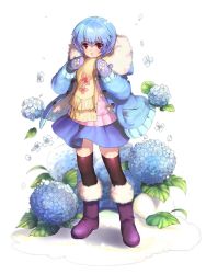 Rule 34 | 1girl, ayanami rei, bad id, bad pixiv id, black thighhighs, blue hair, boots, coat, flower, fur-trimmed boots, fur boots, fur trim, hydrangea, jacket, matsuki ringo, mittens, neon genesis evangelion, open clothes, open coat, open jacket, red eyes, scarf, short hair, skirt, solo, sweater, thighhighs, toggles, winter clothes, zettai ryouiki