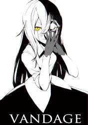 Rule 34 | 1girl, artificial eyes, chromatic aberration, cyborg, dress shirt, english text, fingers together, hair between eyes, long hair, looking at viewer, monochrome, original, shirt, short sleeves, simple background, slit pupils, smile, solo, spot color, tmt, very long hair, white background, white hair, yellow eyes
