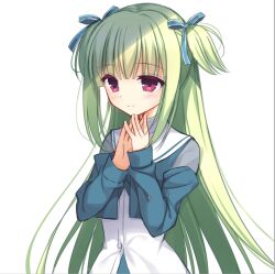 Rule 34 | 1girl, blue ribbon, blunt bangs, blush, cariboy, closed mouth, commentary request, cropped jacket, eyelashes, eyes visible through hair, green hair, green jacket, hair ribbon, hands up, hime cut, jacket, long hair, long sleeves, looking afar, murasame (senren), official alternate costume, own hands together, red eyes, ribbon, sailor collar, school uniform, senren banka, shirt, sidelocks, simple background, smile, solo, steepled fingers, straight hair, two side up, upper body, very long hair, white background, white sailor collar, white shirt