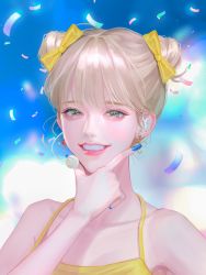 Rule 34 | 1girl, absurdres, blonde hair, blue nails, blurry, blurry background, camisole, chaguem, collarbone, confetti, double bun, finger gun, green eyes, hair behind ear, hair bun, hand on own chin, headset, highres, looking at viewer, nail polish, original, parted lips, portrait, smile, solo, yellow camisole