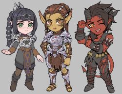 3girls baldur&#039;s_gate baldur&#039;s_gate_3 broken_horn chibi circlet colored_skin diadem dungeons_&amp;_dragons elf green_eyes green_skin highres horns karlach lae&#039;zel long_braid multi-tied_hair multiple_girls official_alternate_hair_color one_eye_closed pointy_ears radiostarkiller red_skin scar scar_on_face scar_on_nose shadowheart_(baldur&#039;s_gate) smile studs tiefling