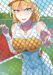 Rule 34 | 1girl, 2021, absurdres, artist name, blonde hair, blue eyes, breast press, breasts, covered navel, fence, highres, hololive, hololive english, jewelry, large breasts, nail polish, necklace, open mouth, riamu (liam razo), sportswear, sweat, tennis court, tennis uniform, virtual youtuber, watson amelia, x-ray, yellow nails