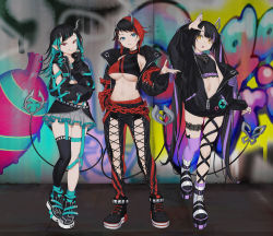 Rule 34 | 3girls, :o, aqua footwear, aqua hair, arm at side, asymmetrical horns, badge, bare shoulders, belt, black bow, black footwear, black gloves, black hair, black jacket, black legwear, black nails, black panties, black pants, blue eyes, blunt bangs, bow, bra strap, breasts, broken horn, button badge, chain, closed mouth, clothes writing, clothing cutout, criss-cross halter, crop top, cropped jacket, cross-laced footwear, diagonal bangs, drawstring, drill hair, earrings, flipped hair, frilled skirt, frills, frown, full body, garter straps, gloves, graffiti, grey skirt, hair ribbon, halterneck, hand on own elbow, hand up, head rest, heart, heart print, highres, horns, index finger raised, jacket, jewelry, kaoruko (unkrk55), kojo anna, kojo anna (1st costume), lace trim, large breasts, layered skirt, long hair, long sleeves, looking at viewer, lowleg, lowleg pants, medium breasts, midriff, miniskirt, multicolored hair, multiple belts, multiple girls, nail polish, nanashi inc., navel, o-ring, off shoulder, open clothes, open hand, open jacket, outstretched hand, panties, pants, partially fingerless gloves, partially unzipped, pointy ears, purple footwear, purple hair, purple legwear, red eyes, red footwear, red hair, red pants, ribbon, ring, ryugasaki rene, ryugasaki rene (1st costume), see-through, shishio chris, shoes, short hair, shoulder cutout, side-by-side, side drill, sidelocks, single thighhigh, skirt, sleeves past fingers, sleeves past wrists, small breasts, smile, smirk, sneakers, socks over thighhighs, standing, standing on one leg, star (symbol), streaked hair, striped clothes, striped pants, studded belt, sugar lyric, swept bangs, tail, thigh strap, thighhighs, tile floor, tiles, turtleneck, twin drills, twintails, two-tone hair, underboob, underwear, unzipped, vertical-striped clothes, vertical-striped pants, very long hair, virtual youtuber, yellow eyes
