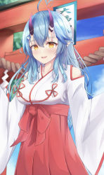 Rule 34 | 1girl, :d, ahoge, alternate costume, blue hair, braid, breasts, clothing cutout, colored tips, commentary request, elf, hair between eyes, hakama, hakama skirt, half updo, heart, heart ahoge, highres, hololive, horns, japanese clothes, large breasts, licking, licking another&#039;s cheek, licking another&#039;s face, long hair, miko, multicolored hair, oni, oni horns, open mouth, pointy ears, red hakama, shoulder cutout, skirt, smile, solo, streaked hair, very long hair, virtual youtuber, wide sleeves, yellow eyes, yukihana lamy, yuzuki4no