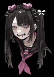 Rule 34 | 1girl, absurdres, barbell piercing, black background, black hair, ear piercing, fangs, goggles, goggles on head, highres, looking to the side, open mouth, original, piercing, pink eyes, ribbon akai, school uniform, smile, spiked ear piercing, twintails
