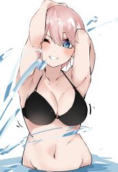 Rule 34 | 1girl, ;d, absurdres, armpits, arms up, bikini, black bikini, blue eyes, blush, breasts, cleavage, collarbone, commentary request, curvy, go-toubun no hanayome, grin, hair between eyes, halterneck, highres, large breasts, looking at viewer, mame1645, nakano ichika, navel, one eye closed, open mouth, pink hair, shiny skin, short hair, simple background, smile, solo, splashing, stomach, swimsuit, upper body, v-shaped eyebrows, wading, water, white background