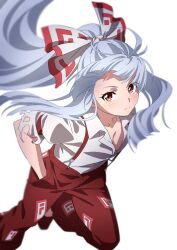 Rule 34 | 1girl, baggy pants, bow, breasts, buttons, cleavage, collared shirt, footwear bow, fujiwara no mokou, grey hair, gyouza (mhea5724), hair bow, highres, long hair, ofuda, ofuda on clothes, pants, partially unbuttoned, red eyes, red footwear, red pants, shirt, shoes, sidelocks, sleeve garter, small breasts, solo, suspenders, torn clothes, torn sleeves, touhou, very long hair, white bow, white shirt