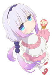 Rule 34 | 1girl, beads, black hairband, blue eyes, blunt bangs, capelet, commentary request, cross-laced footwear, dated, dress, eating, food, food in mouth, frilled capelet, frills, from above, gradient hair, hair beads, hair ornament, hairband, highres, holding, holding food, holding ice cream, ice cream, kanna kamui, kobayashi-san chi no maidragon, light purple hair, long hair, looking at viewer, low twintails, multicolored hair, red footwear, samansa ex, signature, simple background, solo, thighhighs, twintails, white background, white thighhighs