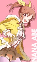 Rule 34 | 10s, 1girl, abe nana, bow, breasts, brown eyes, brown hair, character name, hair bow, hinabu, idolmaster, idolmaster cinderella girls, medium breasts, one eye closed, open mouth, short hair, simple background, skirt, smile, solo, thighhighs, wink