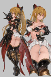 Rule 34 | 1girl, armor, armored boots, armored dress, ass, bare shoulders, blonde hair, boots, breasts, butt crack, cleavage, collarbone, commission, granblue fantasy, high heel boots, high heels, high ponytail, highres, long hair, medium breasts, multiple views, n9+, red eyes, sidelocks, skeb commission, torn clothes, very long hair, vira (granblue fantasy)