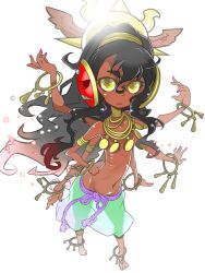 Rule 34 | 1boy, anklet, armlet, barefoot, barefoot sandals (jewelry), black hair, bracelet, choker, collarbone, crown, dark-skinned male, dark skin, extra arms, fang, full body, groin, hair between eyes, hairband, head wings, indee, jewelry, long hair, looking at viewer, male focus, mask, mask on head, midriff, nail polish, navel, necklace, original, parted lips, pink nails, see-through, sharp teeth, sidelocks, simple background, solo, stomach, teeth, tooth, topless male, white background, wings, yellow eyes