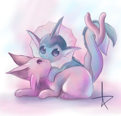 Rule 34 | blue eyes, creatures (company), cuddling, espeon, fins, game freak, gen 1 pokemon, gen 2 pokemon, gradient background, kenneos, looking at another, nintendo, no humans, pink eyes, pointy ears, pokemon, pokemon (creature), signature, split tail, tail, fish tail, vaporeon