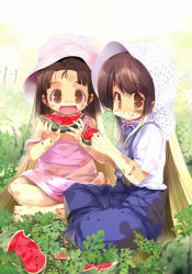 Rule 34 | 2girls, bandaid, bandaid on arm, barefoot, blonde hair, brown eyes, brown hair, eating, fang, food, food on face, fruit, full body, garden, gradient hair, grass, hanpen, hat, indian style, long hair, looking at viewer, multicolored hair, multiple girls, nature, open mouth, outdoors, polka dot, puus, short sleeves, sitting, strap slip, very long hair, watermelon