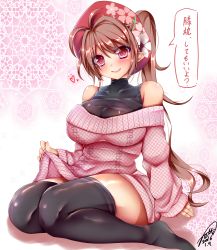 Rule 34 | 1girl, 2016, ahoge, bare shoulders, black thighhighs, blush, breasts, brown hair, curvy, dated, female focus, hair ornament, highres, jotti, large breasts, long hair, looking at viewer, original, pointy ears, ponytail, red eyes, reimusan (jotti), signature, sitting, smile, solo, sweater, thick thighs, thighhighs, thighs, translation request, wariza, wide hips