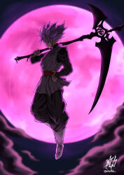Rule 34 | absurdres, boots, cloud, commentary, dougi, dragon ball, dragon ball super, earrings, evil smile, from side, full body, full moon, goku black, hand on own hip, highres, holding, holding scythe, jewelry, liedein, moon, night, pink eyes, pink hair, pink theme, scythe, signature, smile, super saiyan, super saiyan rose, twitter username, white footwear