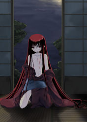 Rule 34 | 00s, 1girl, bare shoulders, blood, flat chest, full moon, indoors, japanese clothes, kimono, kneeling, long hair, moon, night, nipples, open clothes, open kimono, red eyes, red hair, sky, solo, tohno akiha, tree, tsukihime, undressing, very long hair