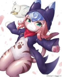 Rule 34 | 1girl, absurdres, bird, blue eyes, blush, body fur, bottomless, breasts, cherry blossoms, fang, female focus, furry, furry female, headband, healingpit, highres, looking at viewer, monster hunter (series), monster hunter stories 2, navel, neckerchief, pawpads, pink hair, small breasts, solo, tsukino (monster hunter), twitter username, whiskers