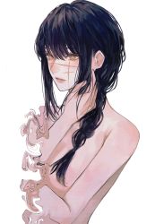 Rule 34 | 1girl, black hair, braid, breasts, chainsaw man, cleavage, highres, inuo (inuo x), long hair, nude, parted lips, scar, scar on face, simple background, solo, upper body, white background, yellow eyes, yoru (chainsaw man)
