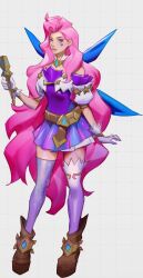 Rule 34 | 1girl, absurdres, arm at side, bare shoulders, brown footwear, detached collar, dress, gloves, highres, holding, holding microphone, league of legends, long hair, microphone, multicolored thighhighs, pink hair, puffy short sleeves, puffy sleeves, purple dress, purple eyes, seraphine (league of legends), shoes, short sleeves, solo, star (symbol), star tattoo, stnpnk, tattoo, thighhighs, white gloves, white thighhighs