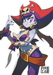 Rule 34 | 1girl, arms under breasts, belt, belt buckle, blue skin, bone bra, breasts, buckle, colored skin, earrings, hat, hata4564, highres, jewelry, large breasts, nail polish, navel, pirate, pirate hat, purple hair, purple nails, red eyes, risky boots, shantae (series), short hair, smile, solo, white background, wrist cuffs