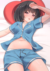 Rule 34 | 1girl, arm up, black hair, blush, granblue fantasy, heart, heart-shaped pillow, hekomii, looking at viewer, lying, medium hair, navel, on back, open mouth, panties, pillow, red eyes, shorts, solo, underwear, untied, vikala (granblue fantasy), white panties