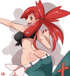 Rule 34 | 00s, 1girl, ass, belt, breasts, butt crack, creatures (company), crop top, flannery (pokemon), from behind, front-tie top, game freak, gym leader, holding, holding poke ball, large breasts, lightsource, long hair, looking back, lowleg, lowleg pants, midriff, nintendo, pants, poke ball, pokemon, pokemon rse, ponytail, red eyes, red hair, shirt, solo, split ponytail, tied shirt