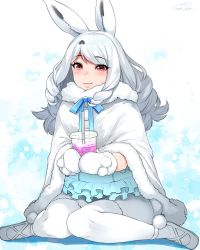 Rule 34 | 1girl, :3, animal ears, arctic hare (kemono friends), black hair, blush, breasts, cloak, closed mouth, cup, dated, disposable cup, drinking straw, fur-trimmed cloak, fur trim, happa (cloverppd), holding, holding cup, kemono friends, long hair, looking at viewer, multicolored hair, pantyhose, rabbit ears, rabbit girl, red eyes, signature, simple background, sitting, solo, white cloak, white hair, white pantyhose