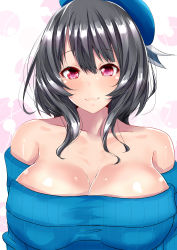 Rule 34 | 10s, 1girl, absurdres, alternate costume, alternate hair length, alternate hairstyle, bare shoulders, beret, black hair, blue sweater, blush, breasts, cleavage, closed mouth, collarbone, commentary request, hat, highres, kantai collection, large breasts, long hair, looking at viewer, military hat, off-shoulder, off-shoulder sweater, red eyes, ribbed sweater, sankakusui, sidelocks, smile, solo, sweater, takao (kancolle)