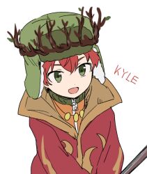 Rule 34 | 1boy, character name, crown, fur hat, green eyes, haizai, hat, jacket, jewelry, kyle broflovski, male focus, mystical high collar, necklace, open mouth, red hair, robe, smile, solo, south park, south park: the stick of truth, ushanka