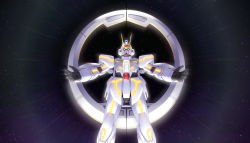Rule 34 | absurdres, blue eyes, emphasis lines, gundam, gundam seed, gundam seed c.e. 73: stargazer, gundam stargazer, highres, huge filesize, looking ahead, looking at viewer, mecha, mobile suit, no humans, open hands, robot, science fiction, solo, space, strictly mecha, v-fin