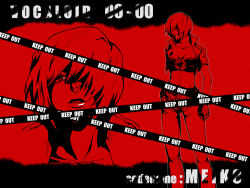 Rule 34 | 1girl, breasts, caution tape, cleavage, denim, fingerless gloves, flower, gloves, jeans, lips, meiko (vocaloid), monochrome, pants, red theme, short hair, vocaloid