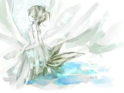 Rule 34 | 1girl, alternate hairstyle, bare shoulders, closed eyes, dress, female focus, gradient background, hair ornament, hair ribbon, hairclip, kagamine rin, pale skin, ponytail, ribbon, short hair, short ponytail, silver hair, solo, uma54coe, vocaloid, water, white background, white dress