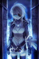 Rule 34 | 1girl, belt, black gloves, black thighhighs, blonde hair, blue eyes, breasts, city, cleavage, collarbone, dress shirt, eyepatch, frown, gloves, glowing, iri flina, jacket, jewelry, lowres, necklace, night, outdoors, reum, sheath, sheathed, shirt, short hair, solo, sword, sword girls, thighhighs, weapon, white hair
