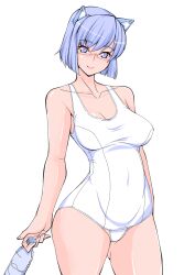 Rule 34 | 1girl, 2k-tan, bare arms, bare shoulders, blue eyes, blue hair, bottle, breasts, cleavage, closed mouth, collarbone, cowboy shot, eyelashes, fingernails, headgear, highres, holding, holding bottle, large breasts, legs apart, light blue hair, looking at viewer, one-piece swimsuit, os-tan, over-rim eyewear, red-framed eyewear, ruriwo (ruriwo1894), school swimsuit, semi-rimless eyewear, short hair, simple background, smile, solo, split mouth, standing, swimsuit, thighs, water bottle, white background, white one-piece swimsuit