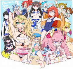 Rule 34 | 6+girls, armpits, bikini, black hair, breasts, brown hair, character request, cleavage, commentary request, evil smile, green eyes, io (pso2), long hair, multiple girls, phantasy star, phantasy star online 2, short hair, smile, swimsuit, underboob, yucopi