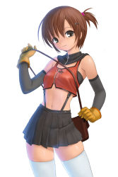 Rule 34 | 1girl, bag, bare shoulders, black skirt, brown eyes, brown hair, collar, cowboy shot, detached sleeves, flat chest, gloves, hair between eyes, hair ornament, hairclip, handbag, highres, kanzeon, looking at viewer, midriff, navel, one side up, short hair, side ponytail, simple background, skindentation, skirt, solo, suspenders, thighhighs, white thighhighs, zettai ryouiki, zipper