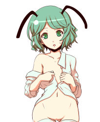 Rule 34 | 1girl, antennae, areola slip, bare shoulders, bottomless, dearmybrothers, dress shirt, face, female focus, flat chest, green hair, looking at viewer, naked shirt, navel, no pussy, off shoulder, shirt, short hair, sleeves pushed up, solo, thighhighs, touhou, undressing, white thighhighs, wriggle nightbug
