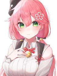Rule 34 | 1girl, absurdres, aoi migo, bare shoulders, bell, blush, clothing cutout, collared shirt, green eyes, hair between eyes, hair ornament, hairclip, hand on own chest, highres, hololive, jingle bell, long hair, looking at viewer, low twintails, neck bell, pink hair, sakura miko, sakura miko (casual), shirt, shoulder cutout, solo, twintails, virtual youtuber, white shirt