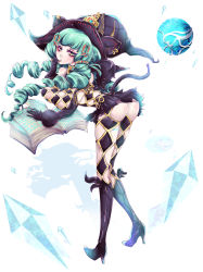 Rule 34 | 1girl, absurdres, ass, bare shoulders, book, boots, breasts, drill hair, elbow gloves, female focus, fiore brunelli, gloves, green hair, hat, highres, large breasts, leaning, leaning forward, long hair, looking at viewer, revealing clothes, shiny skin, solo, star ocean, star ocean integrity and faithlessness, tail, yellow eyes
