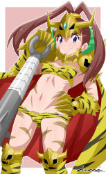 Rule 34 | 1girl, amano nene (digimon xros wars), bodypaint, cape, chicago-x, club (weapon), cosplay, covered erect nipples, digimon, digimon xros wars, hand on own hip, highres, kinkakumon, kinkakumon (cosplay), revealing clothes, simple background, skull, smile, solo, standing