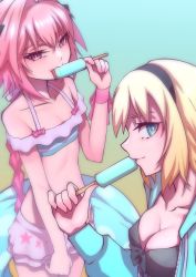 Rule 34 | 1boy, 1girl, absurdres, astolfo (fate), astolfo (sparkling frills) (fate), bare shoulders, bikini, black one-piece swimsuit, blonde hair, braid, detached sleeves, fate/apocrypha, fate/grand order, fate (series), hair intakes, hej (mugmnm51), hej (pixiv13035031), highres, jeanne d&#039;arc (fate), jeanne d&#039;arc (ruler) (fate), long braid, long hair, looking at viewer, multicolored hair, off-shoulder bikini, off shoulder, official alternate costume, one-piece swimsuit, pink hair, purple eyes, single braid, streaked hair, swimsuit, symbol-shaped pupils, trap, white hair