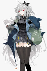 Rule 34 | 1girl, ahoge, alchemaniac, alternate costume, arknights, black shirt, black shorts, black thighhighs, blue jacket, breasts, feet out of frame, grey hair, highres, jacket, jewelry, long hair, looking at viewer, medium breasts, necklace, one side up, open clothes, open jacket, red eyes, ribbed shirt, shirt, shorts, sidelocks, skadi (arknights), solo, stuffed animal, stuffed shark, stuffed toy, sweatdrop, thighhighs, very long hair