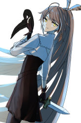 Rule 34 | 1girl, ahoge, back cutout, belt, brown corset, brown hair, clothing cutout, corset, dagger, feather hair ornament, feathers, gloves, hair ornament, hololive, hololive english, knife, long hair, macartura08, multicolored hair, nanashi mumei, pantyhose, partially fingerless gloves, plague doctor mask, ponytail, shirt, single thighhigh, smile, streaked hair, thighhighs, very long hair, virtual youtuber, weapon, white shirt, yellow eyes
