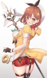 Rule 34 | 1girl, atelier (series), atelier ryza, atelier ryza 2, bad id, bad pixiv id, black ribbon, blush, breasts, brown eyes, brown hair, earrings, gloves, hair ornament, highres, hiruno ushiro, holding, holding weapon, jewelry, key, large breasts, leather, leather belt, leather gloves, looking at viewer, medium breasts, necklace, open mouth, partially fingerless gloves, red shorts, reisalin stout, ribbon, shirt, short shorts, shorts, simple background, single thighhigh, skindentation, smile, solo, staff, thick thighs, thigh strap, thighhighs, thighs, vest, weapon, white headwear, white shirt, yellow vest
